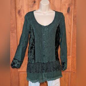 Soft Surroundings Dark Green Velvet‎ Button Down Shirt